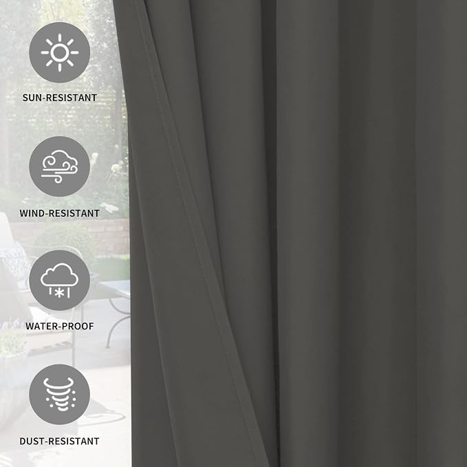 Easy-Going 100% Waterproof Outdoor Curtains 54x108 inch, Dark Grey | Windproof - Image 5