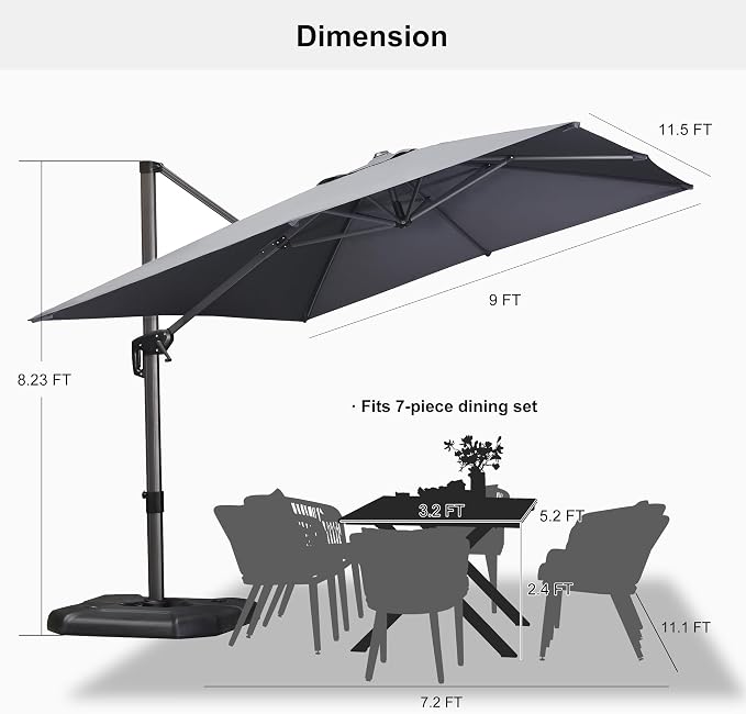 PURPLE LEAF Patio Umbrella 9' x 11.5' Rectangle 360° Rotation Light Grey | More - Image 9