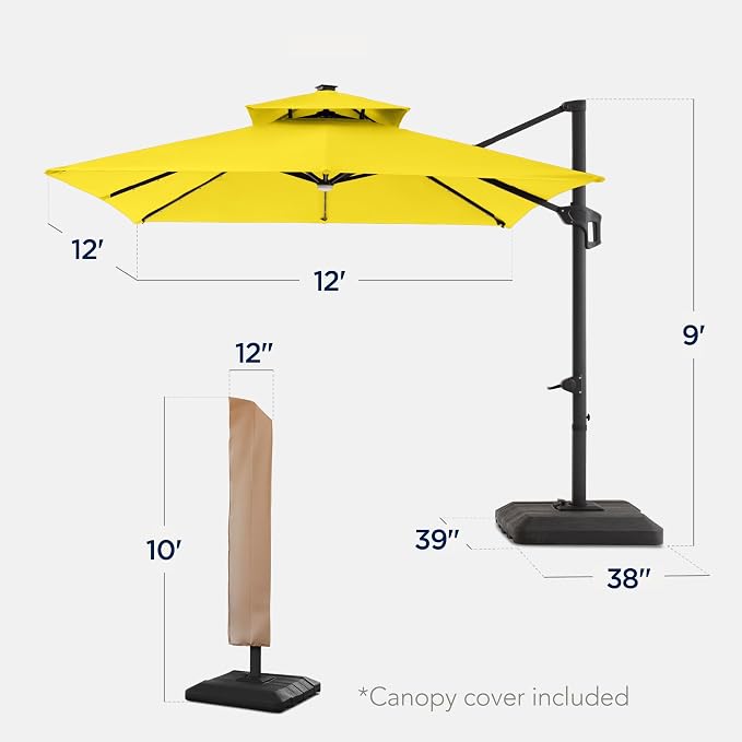 Best Choice Products 12x12ft LED Cantilever Patio Umbrella w/Base Included & - Image 2