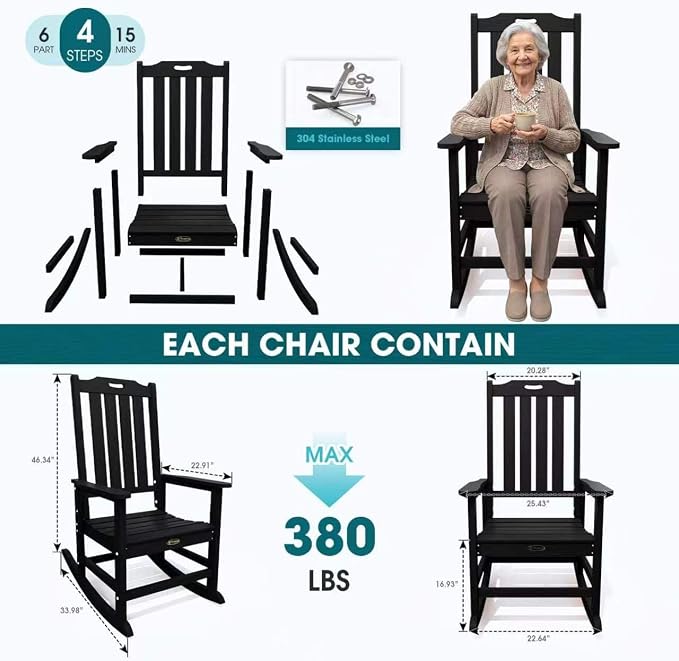 THOEOE Outdoor Rocking Chairs Set of 4, Oversized Patio Rocking Chair | HDPE - Image 7