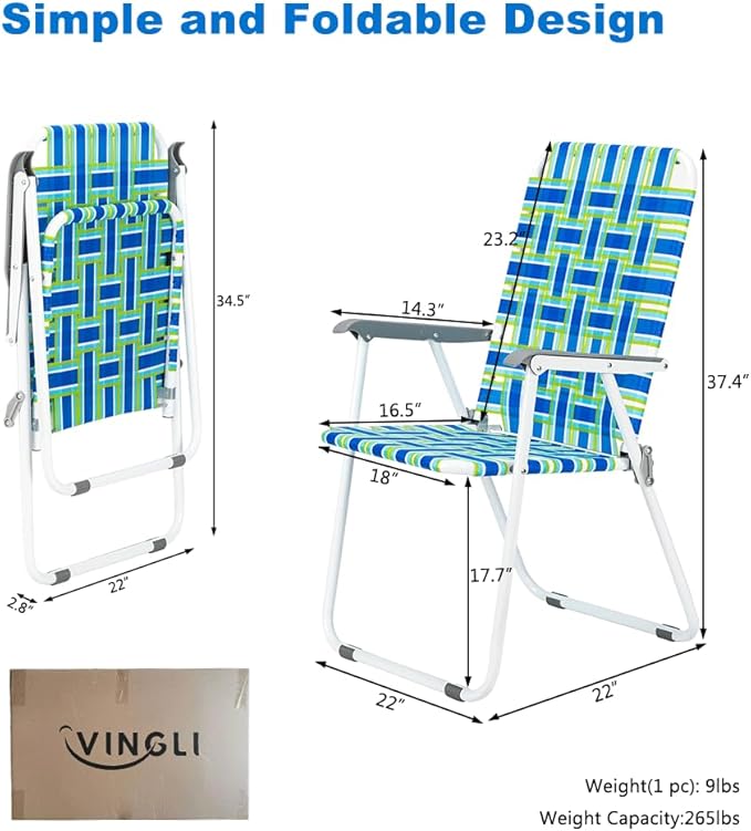VINGLI Patio Lawn Webbed Folding Chairs Set of 4, Outdoor Beach Chair Portable - Image 6