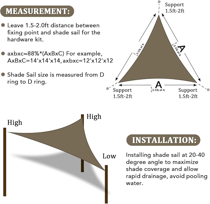 Shade&Beyond Custom Sun Shade Sail 12'x16'x20' Triangle Sun Sail Shades Patio - Image 6