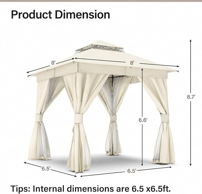 8'x8' Outdoor Gazebo, Heavy Duty Metal Frame Patio Canopy - Image 2