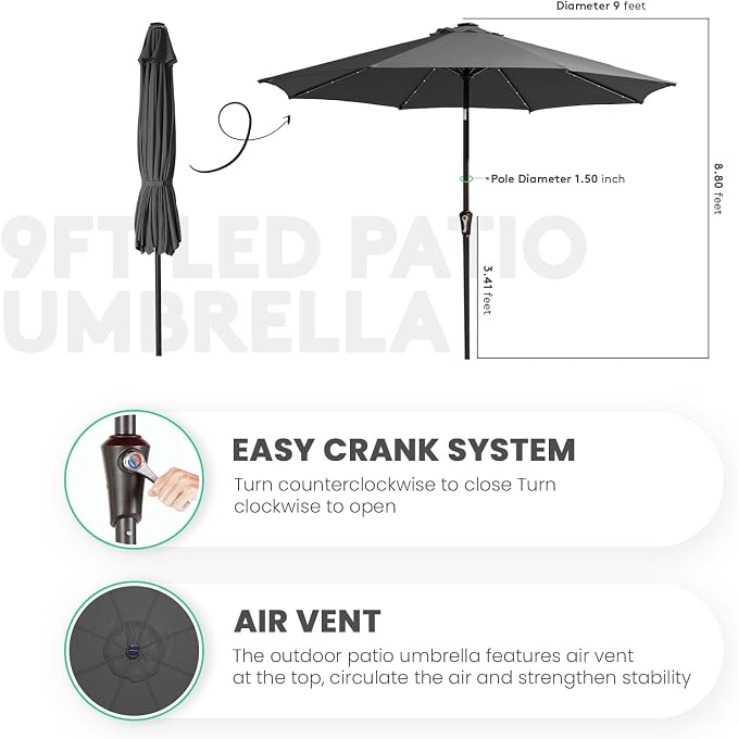 JEAREY 9' Patio Umbrella with Solar Lights, LED Umbrella, Tilt & Crank UV - Image 8