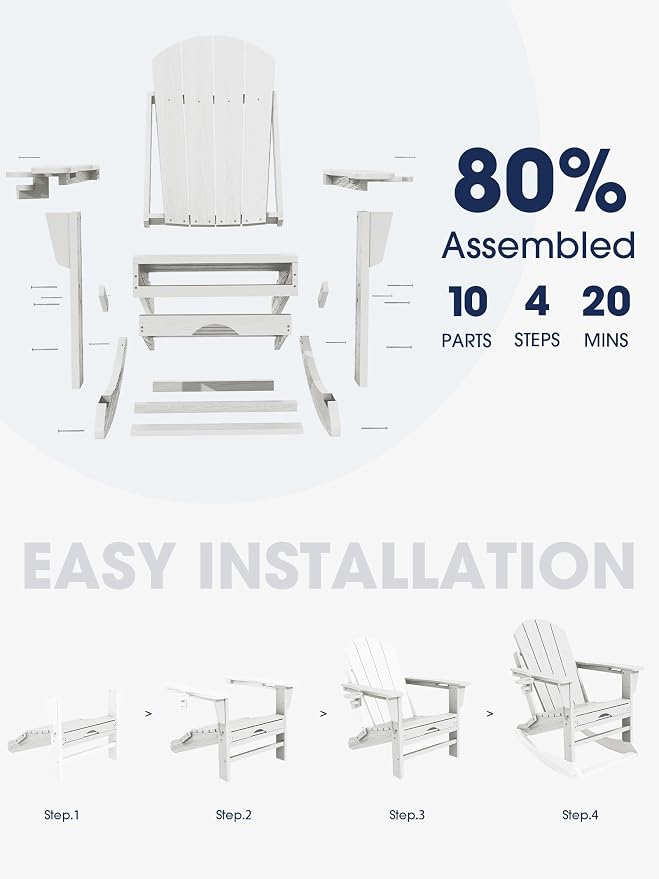 Adirondack Rocking Chair with Ottoman and Cup Holders | HDPE Porch Rocker - Image 5