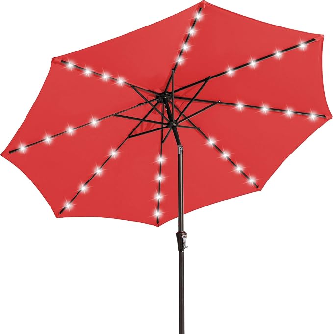 JEAREY 9' Patio Umbrella with Solar Lights, LED Umbrella, Rust | Outdoor Table by JEAREYOutdoorsCollection