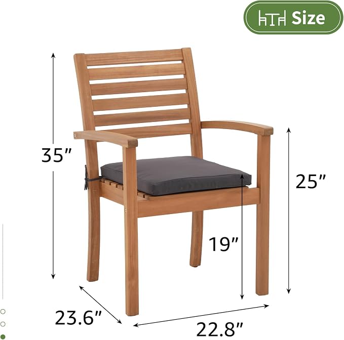 Stackable Patio Dining Chairs Set of 8, Dark Grey | Outdoor Acacia Wood Chairs - Image 3
