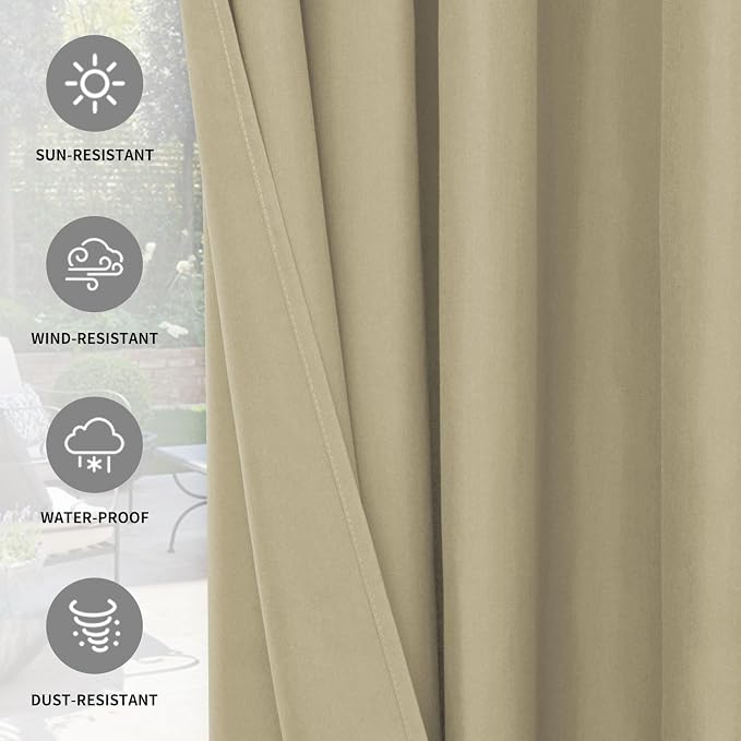 Easy-Going 100% Waterproof Outdoor Curtains 54x84 inch, Khaki | Windproof - Image 5