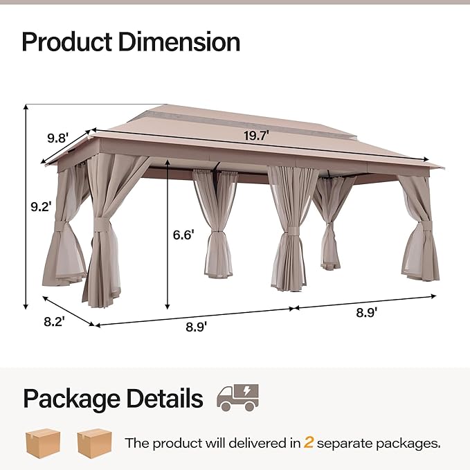 10'x20' Outdoor Gazebo with 100FT String Lights, Metal Heavy Duty Patio Canopy - Image 2