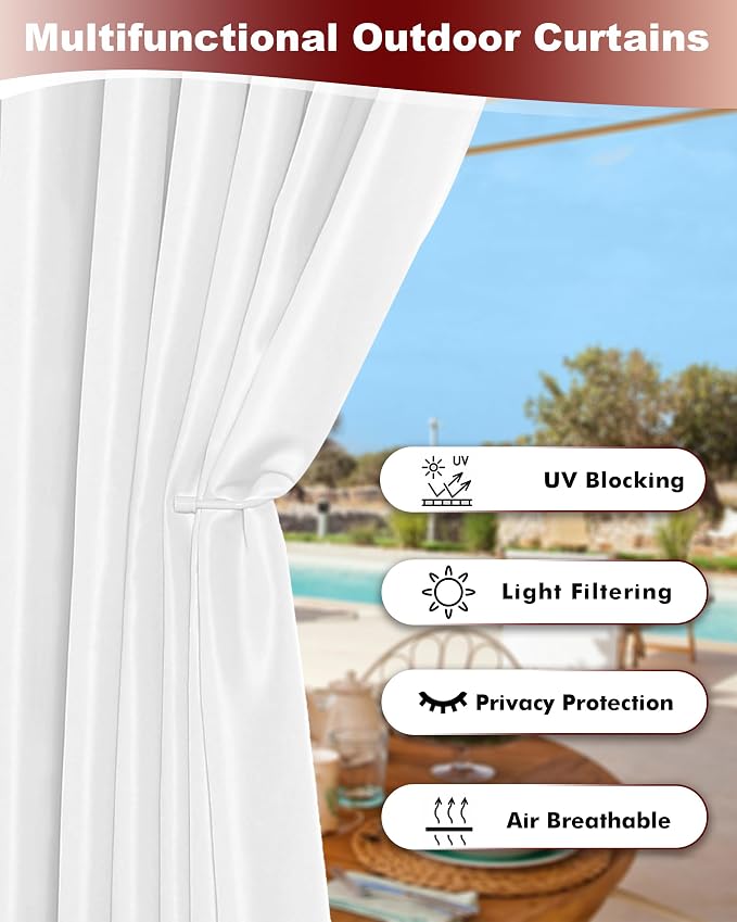 White Grommet Outdoor Curtains for Patio Waterproof 8 Pcs 54x108 In | - Image 3