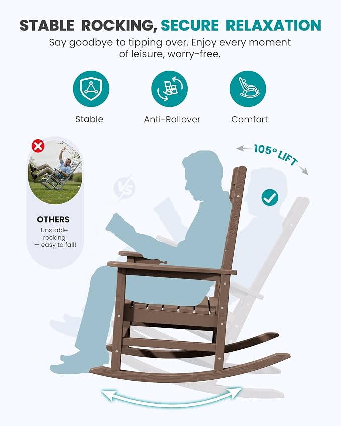 SERWALL Rocking Chair Outdoor, Oversized HDPE Patio Rocking Chairs, Porch Rocker - Image 6