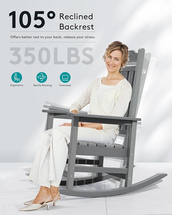 SERWALL Oversized Outdoor Rocking Chairs Set of 4, Patio Rocker Unique Gray | - Image 3