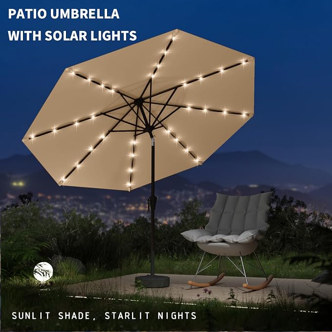 9FT Patio Umbrella with Solar Lights, Outdoor Market Umbrella with Tilt and - Image 3