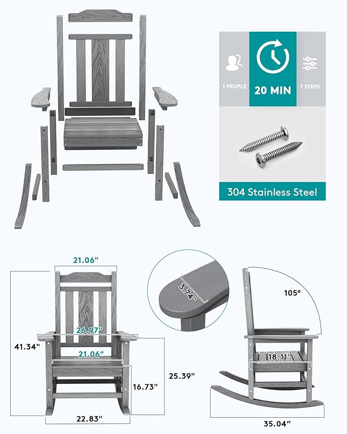 SERWALL Outdoor Rocking Chairs Set of 2, Oversized Patio Rocker Unique Gray | - Image 7