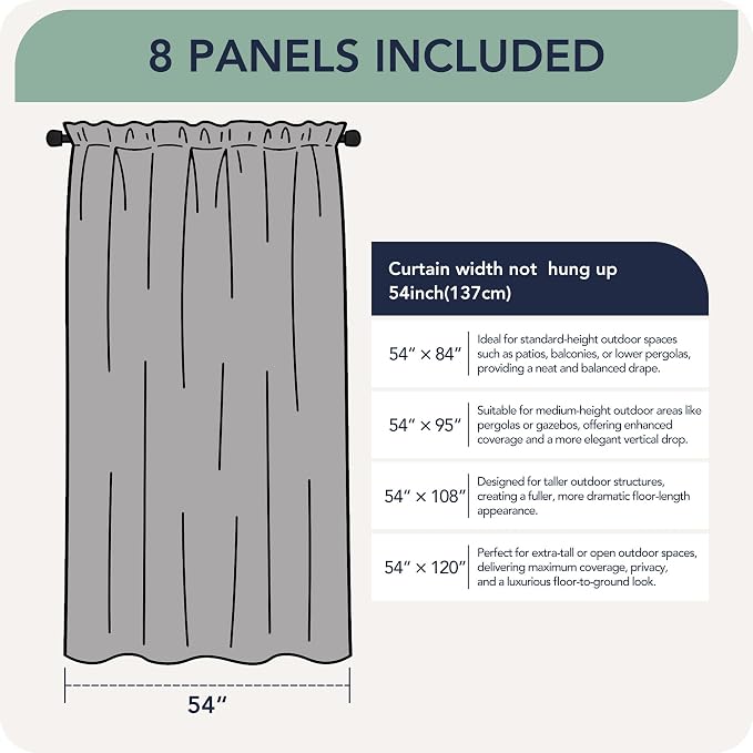 Black Outdoor Curtains for Patio Waterproof, 8 Panels, Rod Pocket | - Image 6