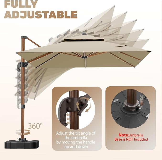 10x13FT Cantilever Outdoor Patio Umbrellas, Double Top Wood Pattern Rectangle - Image 6