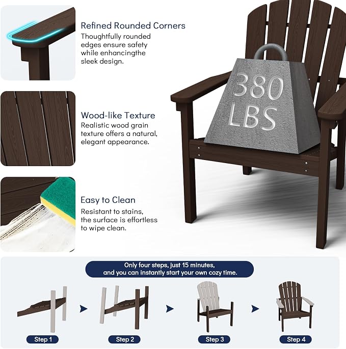 Compact Stackable Adirondack Chair, All Weather HDPE, Coffee | 26.3" Wide HDPE - Image 7