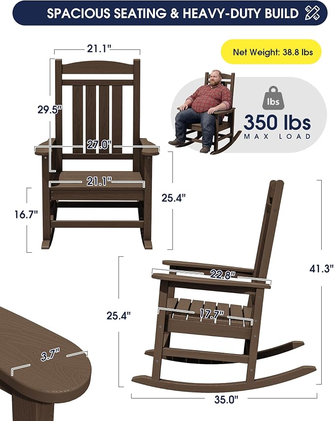 Oversized Outdoor Rocking Chair Set of 2, HDPE Porch Rocker, Coffee | - Image 3