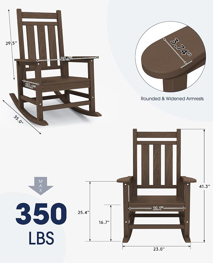 Oversized Outdoor Rocking Chair, HDPE Patio Rockers, Coffee | | All-Weather - Image 3