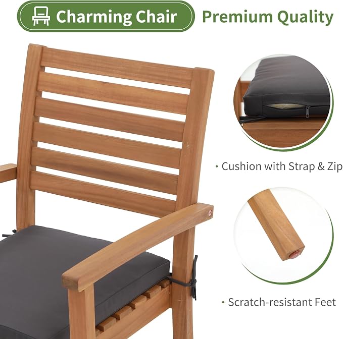 Stackable Patio Dining Chairs Set of 8, Dark Grey | Outdoor Acacia Wood Chairs - Image 4