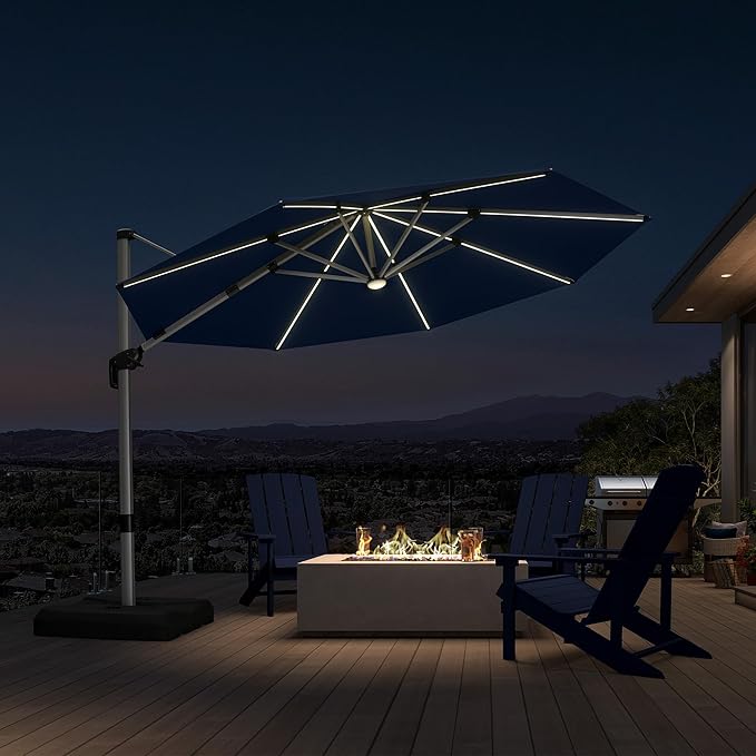 PURPLE LEAF Cantilever Patio Umbrella 11ft Round Solar LED Light, Support to by PURPLELEAF