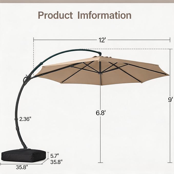 Outdoor Patio Umbrella with Base included, 12 FT Deluxe Curvy Cantilever - Image 8