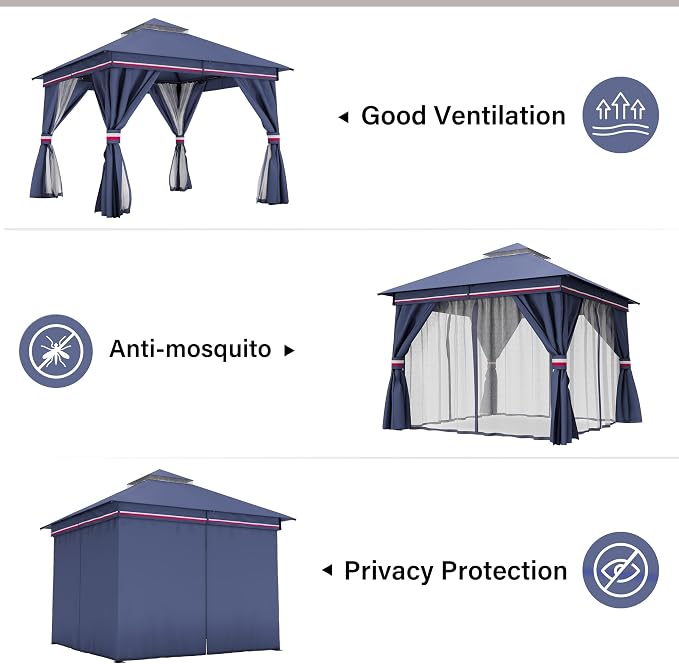10'x10' Outdoor Gazebo with 50FT String Lights, Metal Heavy Duty Patio Canopy - Image 3