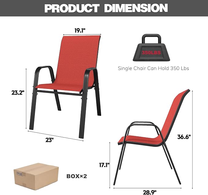 Red Patio Chairs Set of 6, Stackable Outdoor Dining Chairs - Image 2
