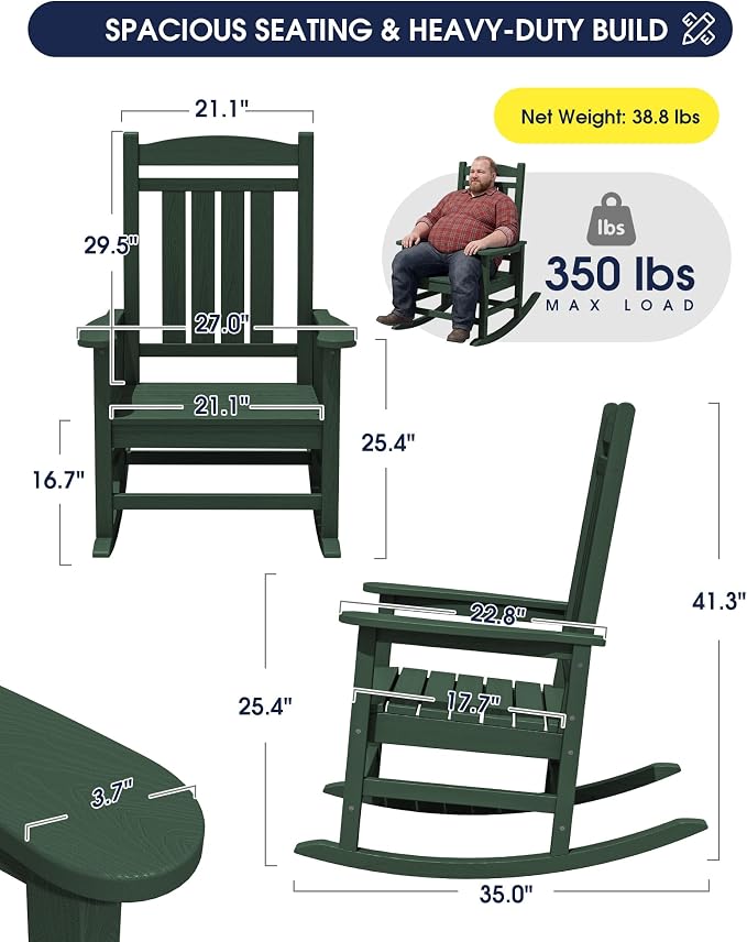 Oversized Outdoor Rocking Chairs Set of 2, HDPE Porch Rocker - Image 3