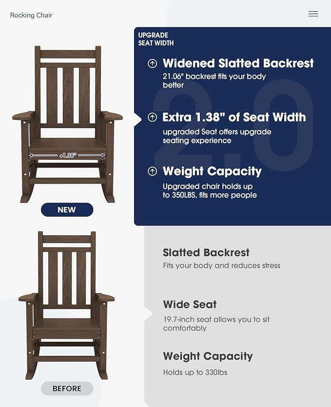 Oversized Outdoor Rocking Chair, HDPE Patio Rockers, Coffee | | All-Weather - Image 4