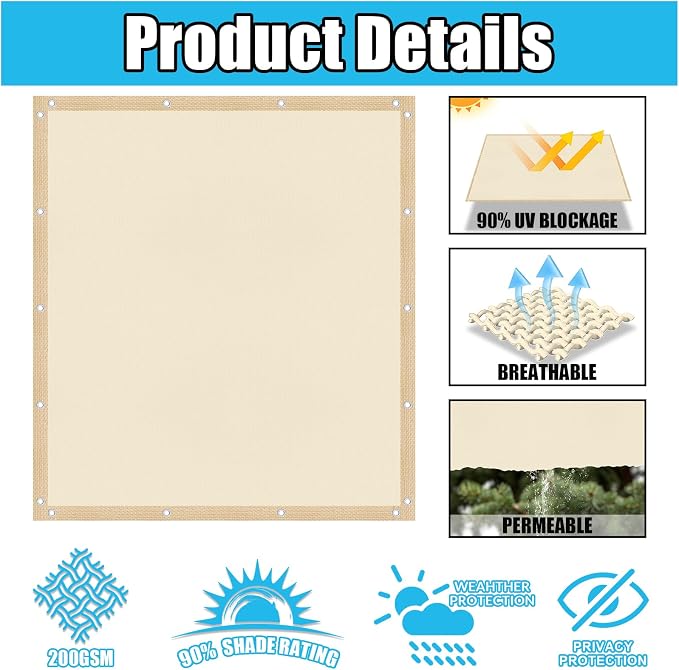 Amagenix 90% Pergola Shade Cover 7' X 7' Sun Shade Cloth - Image 3