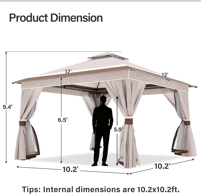 12'x12' Outdoor Gazebo with 100FT String Lights, Metal Heavy Duty Patio Canopy - Image 2