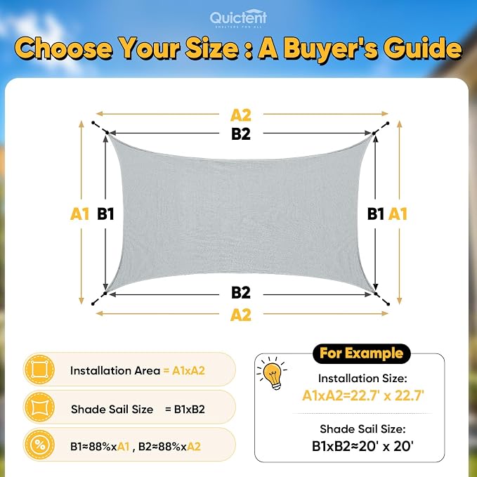 Quictent Sun Shade Sail for Patio w/Hardware Kit 185GSM 24x24ft Gray | Square - Image 4