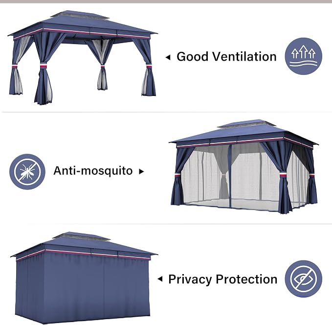 10'x13' Outdoor Gazebo with 50FT String Lights, Metal Heavy Duty Patio Canopy - Image 3
