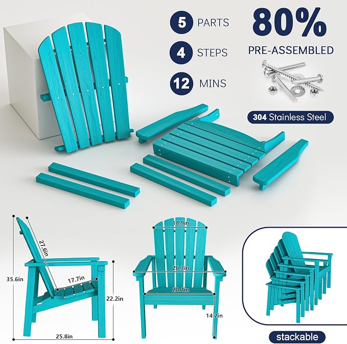 Stackable Adirondack Chairs Set of 2, Compact HDPE, Aruba | 26.3" Wide HDPE - Image 5