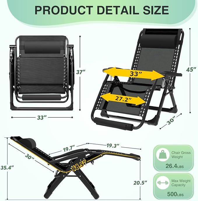 Suteck Oversized Zero Gravity Chair, 500LBS 33" XXL Reclining Lounge Chairs | - Image 2