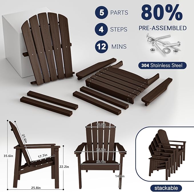 Compact Stackable Adirondack Chair, All Weather HDPE, Coffee | 26.3" Wide HDPE - Image 6