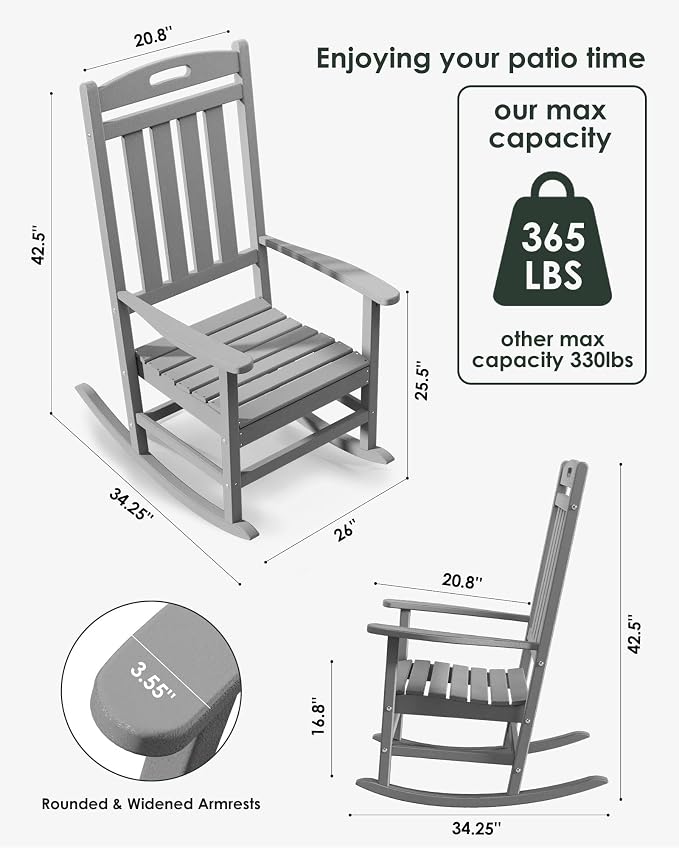 Outdoor Rocking Chair Set of 2, High Back Plastic Patio Rocking Chairs - Image 2