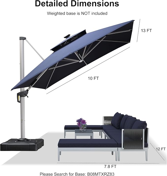 PURPLE LEAF Patio Umbrella 10' X 13' Double Top Solar LED Light, Support to - Image 9