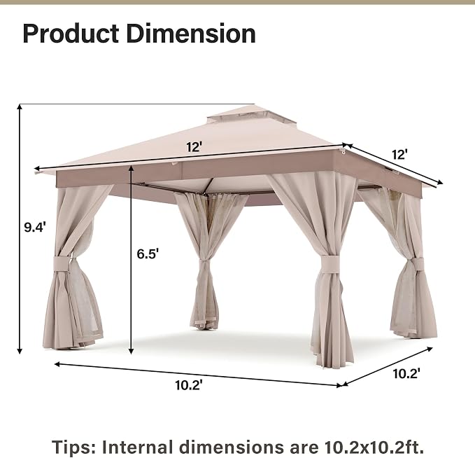 12'x12' Outdoor Gazebo, Heavy Duty Metal Frame Patio Canopy - Image 2