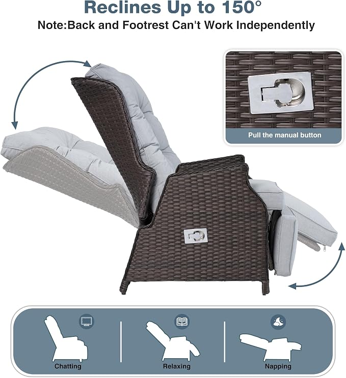 2 Pieces Outdoor Recliner with Adjustable Backrest and Footrest, Light Grey | - Image 3
