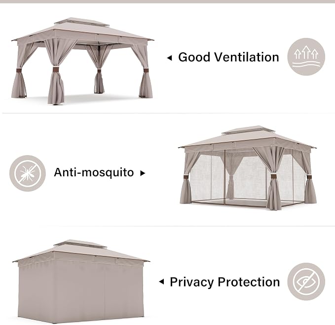 10'x12' Outdoor Gazebo, Metal Frame Heavy Duty Patio Canopy Tent Shelter - Image 2