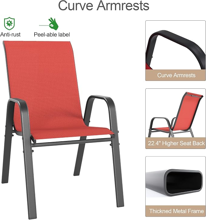 Outdoor Patio Chairs Set of 6 Stackable Dining Chairs All-Weather Textilene - Image 9