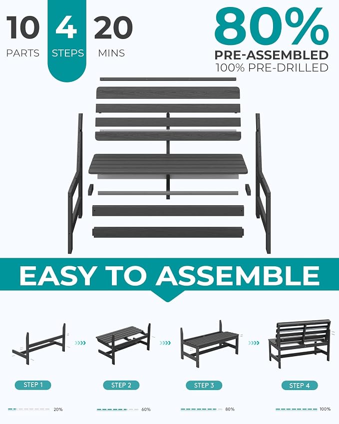 SERWALL Armless Outdoor Bench, All Weather HDPE Porch Bench, 2 Pack, Suitable - Image 8