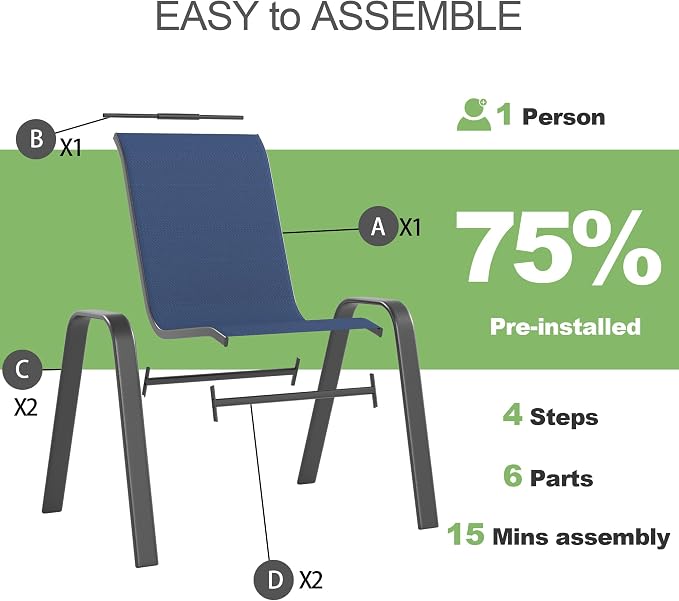 Outdoor Patio Chairs Set of 6 Stackable Dining Chairs All-Weather Textilene - Image 8