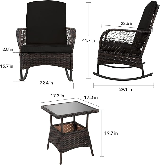 3 pcs Rocking Bistro Set Conversation Chairs PE Wicker Outdoor Rocking Chairs & - Image 3