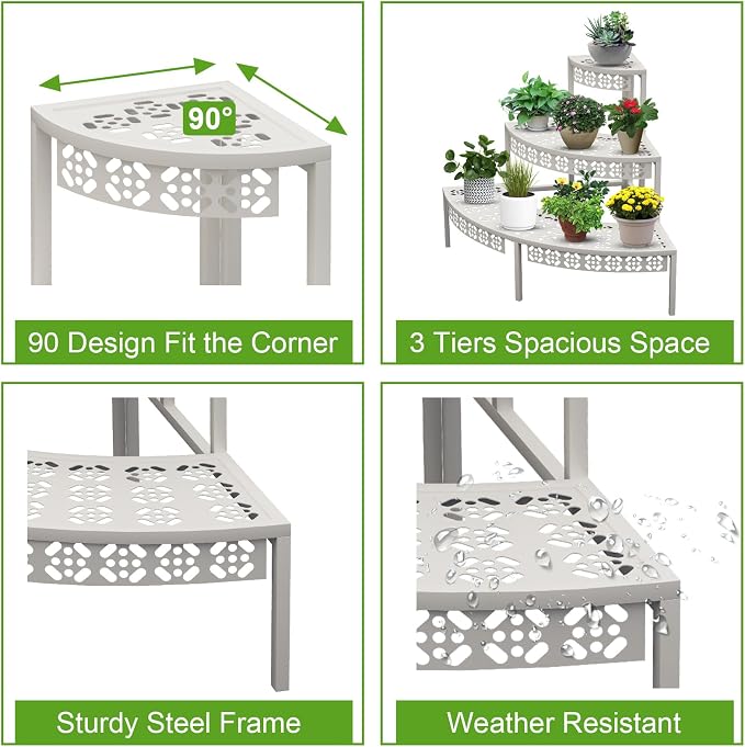 aboxoo 3-Tier Metal Plant Stand, Quarter Round Stair-Step Corner Shelf | Holds - Image 4