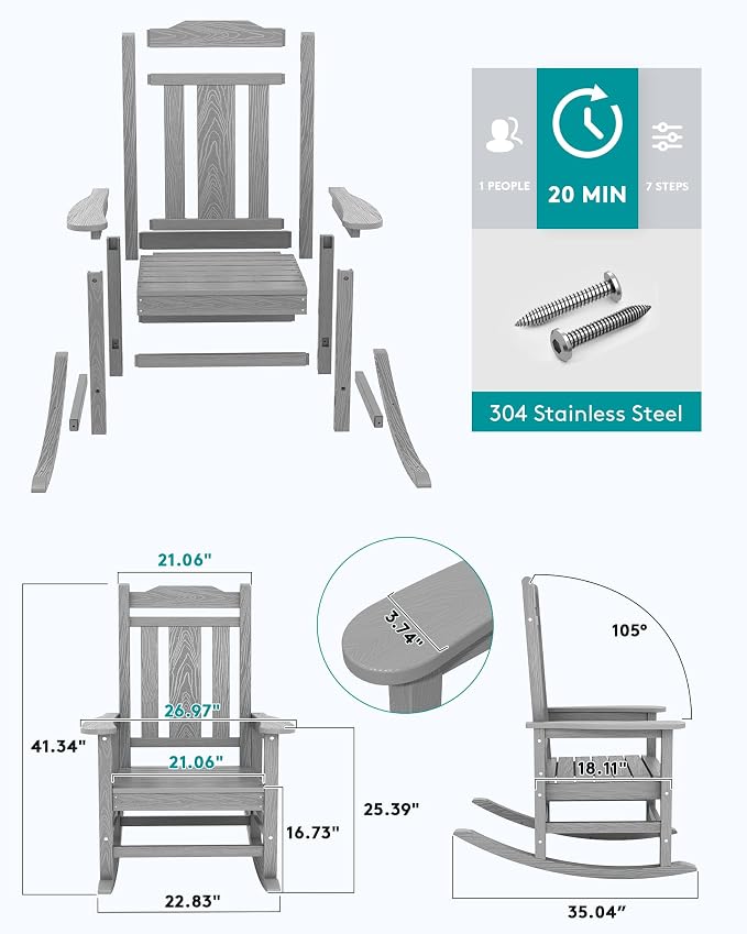SERWALL Oversized Outdoor Rocking Chairs Set of 2, Patio Rocker, Space Gray | - Image 3
