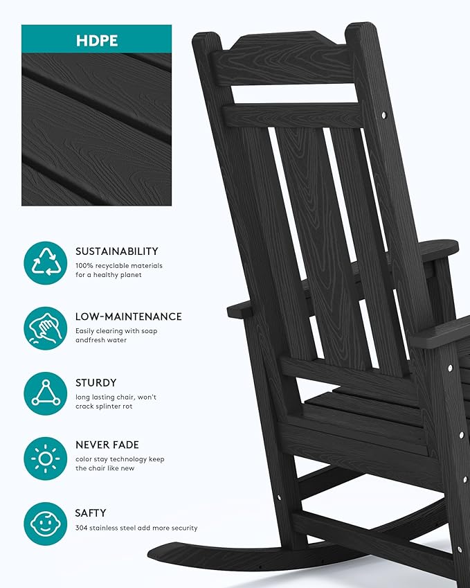 SERWALL Oversized Outdoor Rocking Chairs Set of 4, HDPE Patio Rocker, All - Image 6