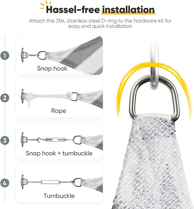 Quictent Sun Shade Sail for Patio w/Hardware Kit 185GSM 20x20ft White&Grey | - Image 5